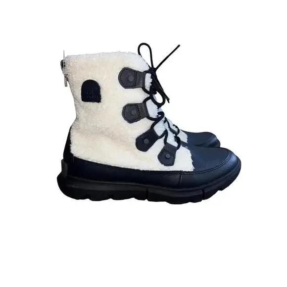 Sorel Explorer II Joan White Black Cozy Faux Fur Insulated Waterproof Boots 10 - Picture 1 of 6